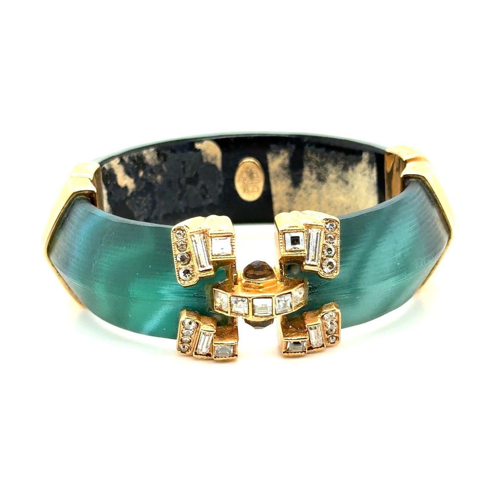 Alexis Bittar Teal Lucite Crystal Baguette Gold Tone Hinged Bangle Bracelet